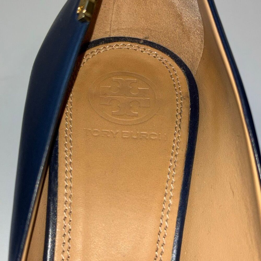 Tory Burch Penelope Pump Shoe Heel Navy Leather/black patent toe Sz 8 85mm EUC - Picture 6 of 9
